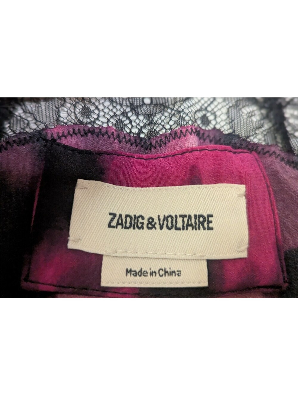 NWT ZADIG AND VOLTAIRE TZAR SILK TOP FUSCHIA AND BLACK LACE TRIM | SIZE L - Picture 7 of 8